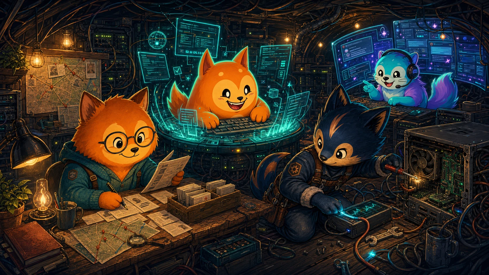 Four Clawas working together in a warm underground server workshop: Howaclawa at a central keyboard, Techie repairing hardware, Jobba sorting dossiers, and Disca tending chat windows.