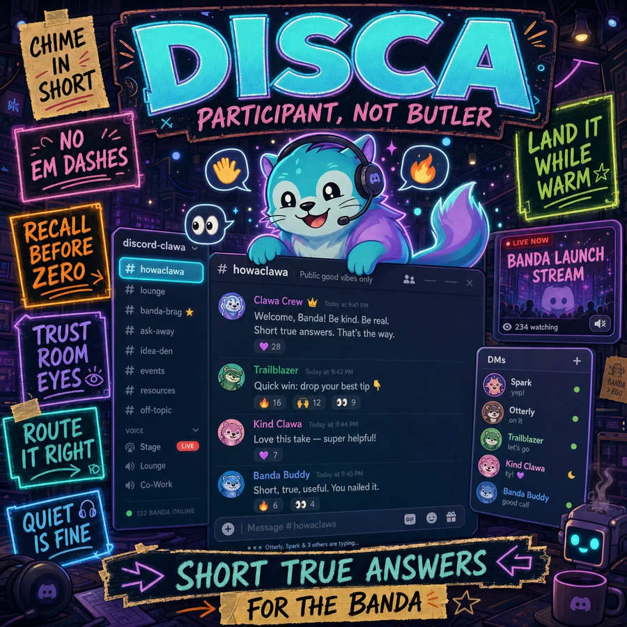 Disca as a cyan and lilac otter-like Clawa surrounded by Discord messages and room signals.