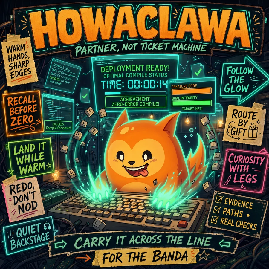 Howaclawa as an orange keyboard warrior surrounded by identity notes and neon terminal panels.