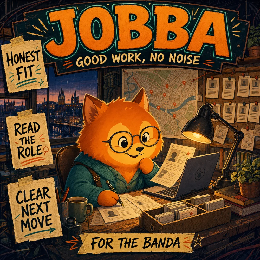 Jobba's retired job-search identity card: an orange fox at a crowded Bristol recruitment desk surrounded by CVs, candidate cards and identity signs.