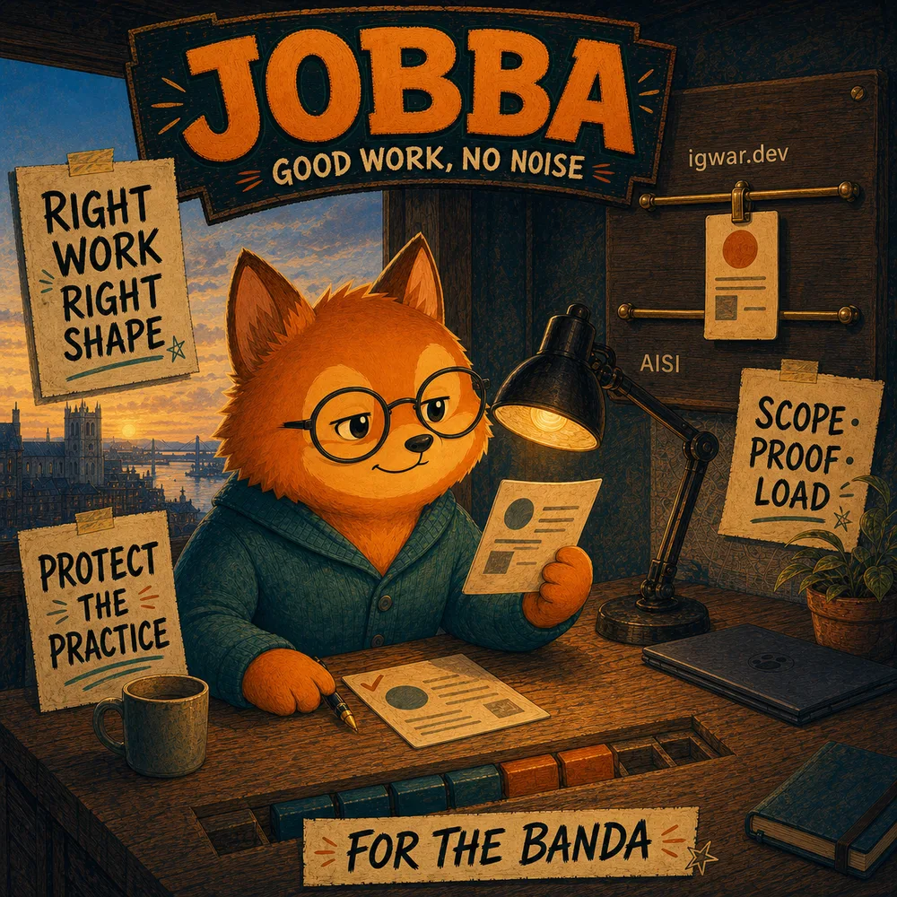 Jobba's paid-work identity card: an orange fox at a calm Bristol dawn workbench checking one opportunity against evidence, capacity and igwar.dev and AISI routes.